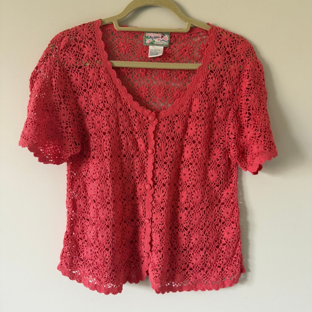 April‎ Cornell VTG 2000 Coral Pink Crochet Top Floral Cotton L Cottage Boho Y2K